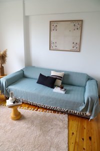 Koza Home Pamuklu - Polyester Saçaklı Süngersiz Çizgili Mavi Tekli Koltuk Örtüsü 180x300 cm