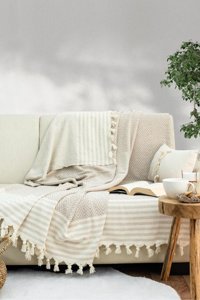 Taşkın Home Pamuklu Polar Saçaklı Süngersiz Çizgili Kahverengi Tekli Koltuk Örtüsü 180x180 cm