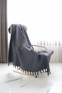 Lucy And Home Pamuklu Saçaklı Süngersiz Kareli Antrasit Tekli Koltuk Örtüsü 130x170 cm