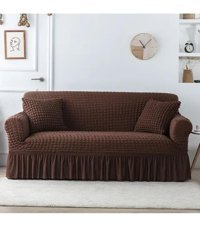 Güzel Aral GA-290 Pamuklu - Polyester Bürümcük Fırfırlı Süngersiz Kapitone Giydirmeli Lastikli Kahverengi Üçlü Koltuk Örtüsü 180x230 cm