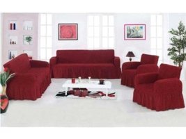 Kaspi Pamuklu - Polyester Bürümcük Fırfırlı Süngersiz Kareli Giydirmeli Turuncu Sekizli Koltuk Örtüsü 80x105 cm
