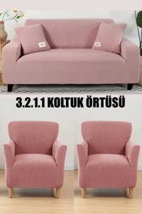 İntil Pamuklu - Polyester Likralı Süngersiz Kareli Giydirmeli Krem 3-2-1-1 Koltuk Örtüsü 180x230 cm