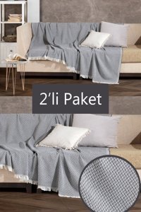 Miracolo Home Pamuklu Saçaklı Süngersiz Çizgili Siyah İkili Koltuk Örtüsü 180x220 cm