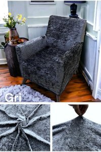Seltenet Kadife Likralı Jakarlı Süngersiz Çizgili Giydirmeli Su Geçirmez Gri Tekli Koltuk Örtüsü 120x80 cm