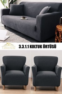 Uzhanem Pamuklu - Polyester Likralı Süngerli Armürlü Giydirmeli Gri Dörtlü Koltuk Örtüsü 180x230 cm