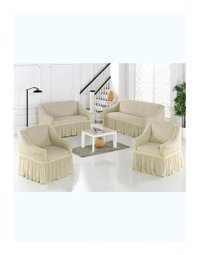Uytm Polyester Bürümcük-Likralı Drapeli Süngerli Çizgili Giydirmeli Bej Dörtlü Koltuk Örtüsü 180x230 cm