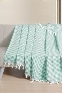 Meslina Home Pamuklu Püsküllü Süngersiz Çizgili Yeşil Tekli Koltuk Örtüsü 180x220 cm