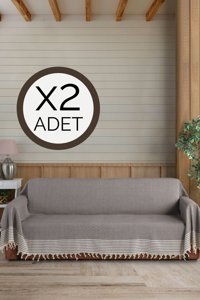Lux Touch Pamuklu Püsküllü Süngersiz Geometrik Desenli Kahverengi İkili Koltuk Örtüsü 180x300 cm