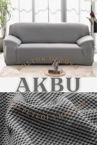 Akbu Polyester Likralı Süngersiz Geometrik Desenli Giydirmeli Lastikli Gri Tekli Koltuk Örtüsü 180x230 cm