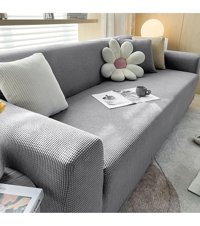 Hanemce Pamuklu - Polyester Süngersiz Kareli Giydirmeli Bej Üçlü Koltuk Örtüsü 180x230 cm
