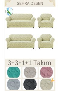Uy Style Tekstil Likralı Jakarlı Süngerli Armürlü Giydirmeli Bej Dörtlü Koltuk Örtüsü 180x230 cm