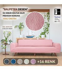 Faiend Polyester Süngersiz Düz Giydirmeli Pembe Üçlü Koltuk Örtüsü 180x230 cm