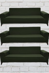 Şahane Ev Mikro Polyester Likralı Jakarlı Süngersiz Düz Giydirmeli Lastikli Haki Üçlü Koltuk Örtüsü 55x13 cm