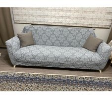 Uyumev Pamuklu - Polyester Likralı Jakarlı Süngerli Çiçek Desenli Giydirmeli Gri Tekli Koltuk Örtüsü 180x230 cm