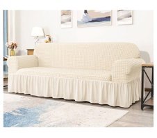 Efruz Home Pamuklu - Polyester Likralı Jakarlı Süngersiz Armürlü Giydirmeli Bej Üçlü Koltuk Örtüsü 230x180 cm