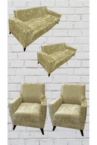 Şahane Ev Kadife Likralı Jakarlı Süngersiz Çizgili Giydirmeli Altın Üçlü Koltuk Örtüsü 155x220 cm