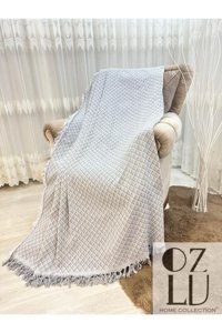 Özlü Home Pamuklu - Polyester Örgü Saçaklı Süngersiz Geometrik Desenli Gri Tekli Koltuk Örtüsü 170x220 cm