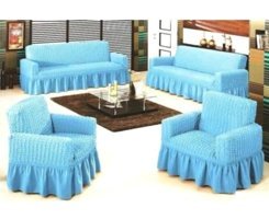 Lady Bella Elite Home Style Pamuklu Bürümcük Fırfırlı Süngersiz Kareli Giydirmeli Mavi Dörtlü Koltuk Örtüsü 100x230 cm