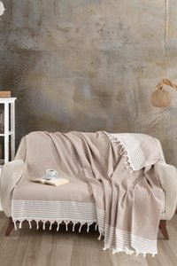Pamukören Natural Pamuklu - Polyester Örgü Saçaklı Süngersiz Geometrik Desenli Bej İkili Koltuk Örtüsü 170x210 cm