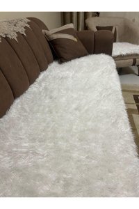 Tekstilsa Polyester Kürklü Saçaklı Süngersiz Beyaz Tekli Koltuk Örtüsü 200x70 cm
