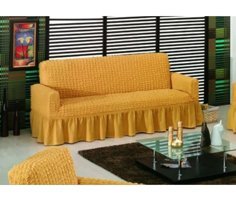 Uy Style Tekstil Polyester Bürümcük-Likralı Drapeli Süngerli Düz Giydirmeli Sarı Tekli Koltuk Örtüsü 180x230 cm