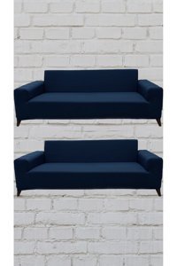 Şahane Ev Mikro Polyester Likralı Jakarlı Süngersiz Düz Giydirmeli Lastikli Mavi Üçlü Koltuk Örtüsü 51x42 cm