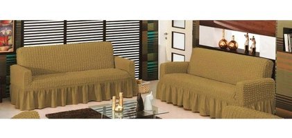 Altın Kelebek Polyester Bürümcük Fırfırlı Süngersiz Giydirmeli Lastikli Bej İkili Koltuk Örtüsü 190x220 cm