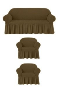 Furkanticaret Polyester Bürümcük Fırfırlı Süngersiz Kapitone Giydirmeli Krem 3-3-1-1 Koltuk Örtüsü 180x230 cm