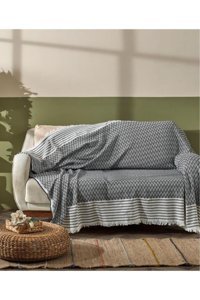 Çeyiz Diyarı Polyester Kanvas Saçaklı Süngersiz Armürlü Antrasit Üçlü Koltuk Örtüsü 170x200 cm