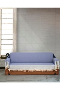 Genç Uludağ Pamuklu Püsküllü Süngersiz Çizgili Lacivert Tekli Koltuk Örtüsü 180x300 cm