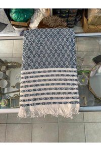 Buldan Pamuklu Kanvas Saçaklı Süngersiz Armürlü Mavi Tekli Koltuk Örtüsü 175x210 cm