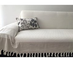 Mutlu Çeyiz Diamond Pamuklu Püsküllü Süngersiz Çizgili Krem Tekli Koltuk Örtüsü 180x300 cm