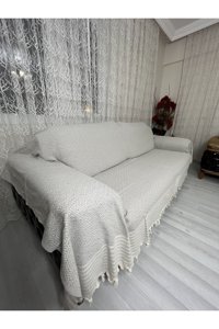 Nasır Home Pamuklu Püsküllü Süngersiz Düz Lacivert Dörtlü Koltuk Örtüsü 180x300 cm