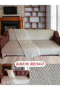 E Bahar Pamuklu Kanvas Jakarlı Süngersiz Armürlü Bej Üçlü Koltuk Örtüsü 185x215 cm