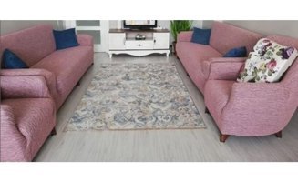 Uzhanem Pamuklu - Polyester Likralı Jakarlı Süngerli Çizgili Giydirmeli Pembe Dörtlü Koltuk Örtüsü 183x230 cm