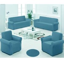 Uygar Home Pamuklu - Polyester Likralı Süngerli Düz Giydirmeli Mavi Dörtlü Koltuk Örtüsü