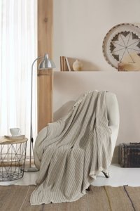 Lux Touch Vera Pamuklu Saçaklı Süngersiz Geometrik Desenli Bej Tekli Koltuk Örtüsü 150x200 cm