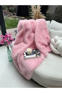 Sevaradekor Kürklü Peluş-Tüylü Süngersiz Çizgili Pembe Tekli Koltuk Örtüsü 150x100 cm