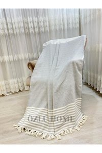 Özlü Home Pamuklu Örgü Saçaklı Süngersiz Çizgili Gri Tekli Koltuk Örtüsü 180x220 cm