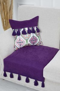Aisha's Design KO-26-T Polyester Örgü Püsküllü Süngersiz Düz Mor Tekli Koltuk Örtüsü 90x75 cm