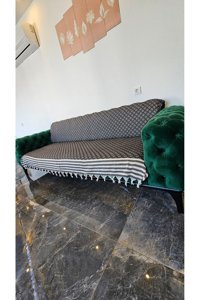 İsmail Gürel Pamuklu Püsküllü Süngersiz Geometrik Desenli Siyah Tekli Koltuk Örtüsü 175x210 cm