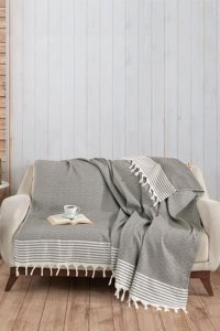 Pamukören Natural Pamuklu - Polyester Örgü Saçaklı Süngersiz Geometrik Desenli Haki İkili Koltuk Örtüsü 170x210 cm