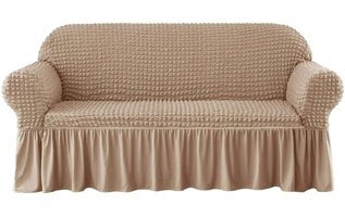 Karahanlı Polyester Bürümcük-Likralı Fırfırlı Süngersiz Kapitone Giydirmeli Bej Üçlü Koltuk Örtüsü 130x170 cm