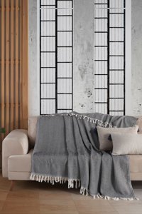 Ladynil Natural Pamuklu Saçaklı Süngersiz Çizgili Siyah Tekli Koltuk Örtüsü 180x220 cm