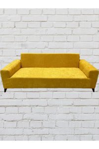 Şahane Ev Babyface Kadife Likralı Jakarlı Süngersiz Çizgili Giydirmeli Lastikli Kaymaz Hardal Üçlü Koltuk Örtüsü 34x48 cm