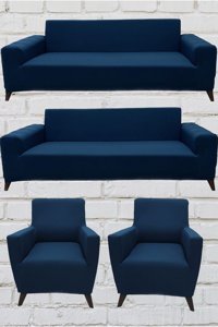 Şahane Ev Mikro Polyester Likralı Jakarlı Süngersiz Düz Giydirmeli Lastikli Mavi Üçlü Koltuk Örtüsü 140 cm