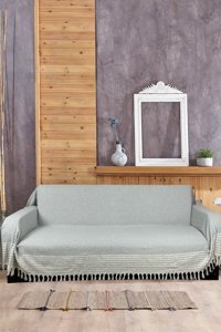 Kubal Home Pamuklu Püsküllü Süngersiz Geometrik Desenli Gri Tekli Koltuk Örtüsü 180x300 cm