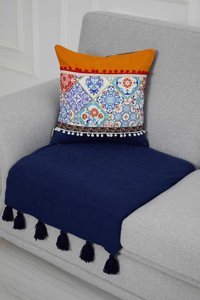 Aisha's Design KO-19-T Polyester Örgü Püsküllü Süngersiz Düz Lacivert Tekli Koltuk Örtüsü 34x48 cm