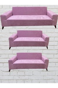 Şahane Ev Babyface Kadife Likralı Jakarlı Süngersiz Düz Giydirmeli Lastikli Kaymaz Pembe Üçlü Koltuk Örtüsü 5x110 cm
