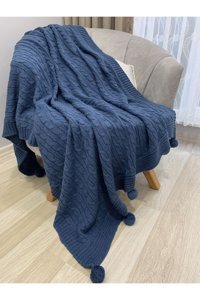 Taylan Mimarlık Akrilik Örgü Ponponlu Süngersiz Düz Lacivert Tekli Koltuk Örtüsü 130x170 cm